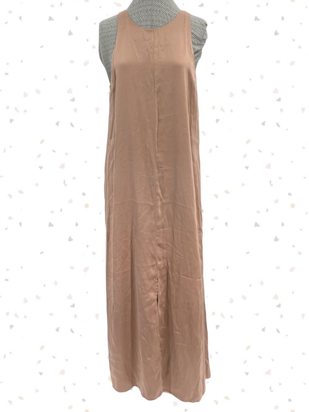 Lunya Racer Silk Dress Tan Blush Maxi Nightgown High Neck Sleep V Back Size S